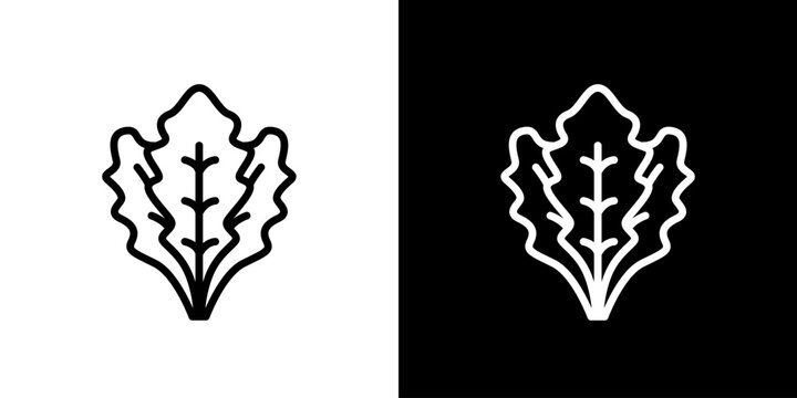 Stylized line art icon of a healthy leafy vegetable, presented in a crisp black and white minimal design, ideal for nutrition and organic themes