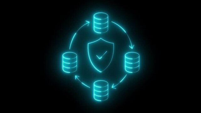 glowing neon Data protection icon isolated on black background. database Data protection icon. technology of data protection and processing, connection hosting server, database synchronize system.