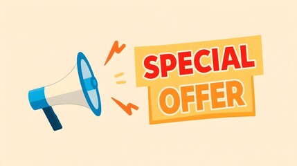 Bold promotional design with megaphone illustration and large red text reading SPECIAL OFFER, styled with dynamic graphic elements and bright colors on a clean background, ideal for advertising, marke