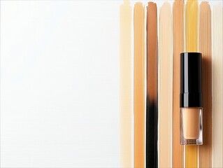 A makeup artist's palette of foundation shades, swatched vertically, with a bottle of foundation on the right.