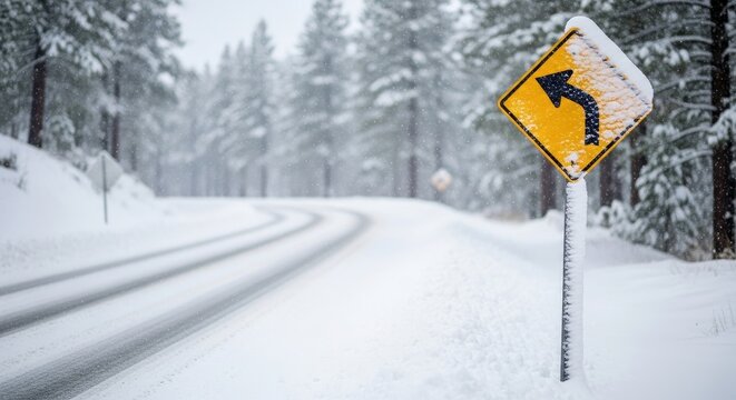 Winter's curve: A snow-laden road sign amidst a forest blanketed in pristine snow posing a driving