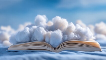 Open book resting on fabric, clouds of cotton