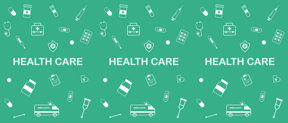 Health care pattern with medical icons including syringes pills bottles, first-aid kits stethoscopes and ambulance symbols on a green background, ideal for hospital materials, health awareness