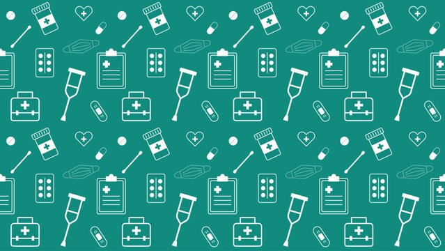 Medical pattern featuring pills bottles crutches first-aid kits heart symbols syringes and medical notes on a teal background, ideal for healthcare materials clinic hospital and wellness communication