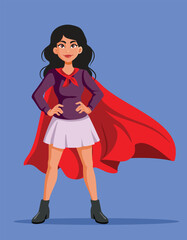 Superhero Woman Wearing a Red Cape Vector Cartoon Character. Inspirational female character being super powerful, independent, l and strong 

