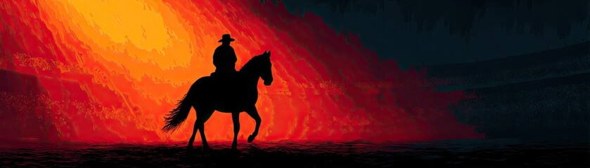 Naklejka premium Cowboy and horse perform in vintage-style rodeo concept. A silhouette of a rider on horseback against a vibrant sunset.