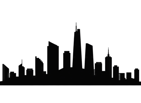 Silhouetted Cityscape at Night with Distant Lights Against a Black Sky