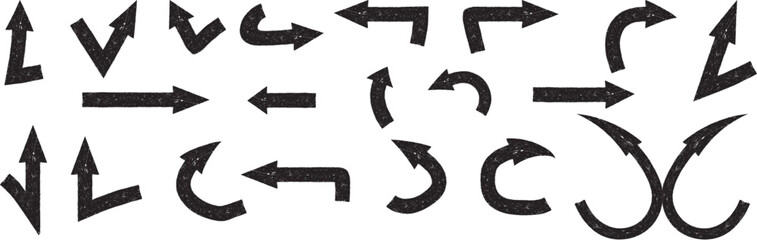 Fototapeta premium Hand drawn brush arrows and signs in grunge ink style. Curved, straight, Various bold brush drawn curved arrows. Collection doodle marker thick arrows in different directions.