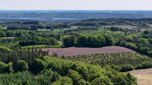 Drone footage capturing a panoramic aerial view of lush green forests and farmland fields near Aarhus Bay in Denmark, showcasing scenic countryside landscapes under a clear sky.