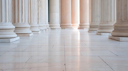 Fototapeta premium colonnade. Polished marble floor reflecting classical columns in symmetrical architecture. real-estate listings.