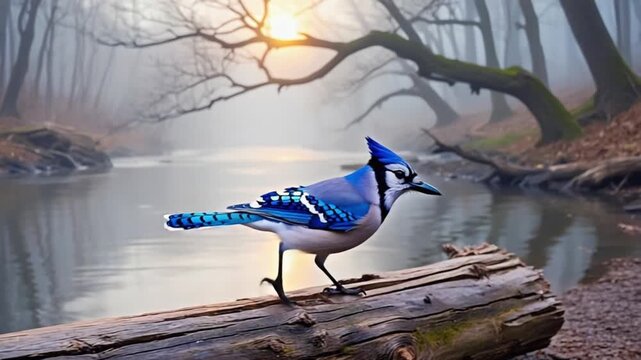 A blue jay perched on a log by a misty river in a forest at sunrise in the early morning light bird video