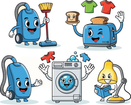 Whimsical cartoon appliance characters bring joy to household chores, offering a lighthearted take on cleaning, cooking, and laundry with smiles and playful charm
