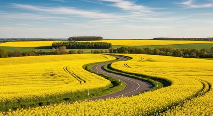 Golden canola field with winding road under blue sky