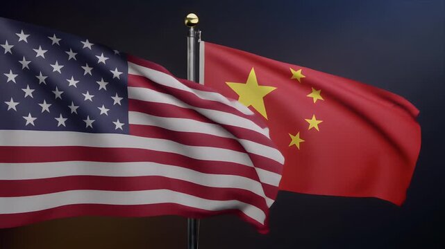 American and Chinese Flags Waving Together Representing Global Diplomacy and Bilateral Relations