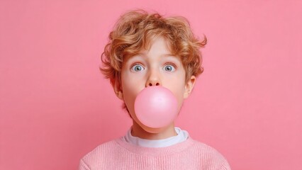 Blonde young boy blowing a bubble gum bubble against a pink background, celebrating National Bubble Gum Day with wide-eyed wonder.
