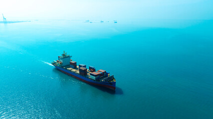Aerial view of the freight shipping transport system cargo ship container. international transportation Export-import business, logistics, transportation industry concepts	