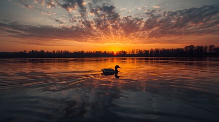 Tranquil lakeside sunset scene with vivid warm colors reflecting across calm water as a lone duck glides peacefully, creating gentle ripples beneath a dramatic sky filled with glowing clouds and soft