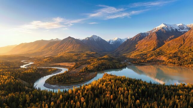 Aerial Drone View of Autumn Mountains with Winding Blue River Through Valley