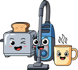 Whimsical cartoon toaster with toast, vacuum cleaner, and steaming mug offer a playful take on daily routines, perfect for adding fun to any project