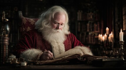A thoughtful Santa Claus checking his list twice in a massive