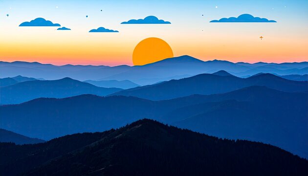 Serene Mountain Landscape at Sunset with Layered Peaks and Soft Clouds. - Powered by Adobe