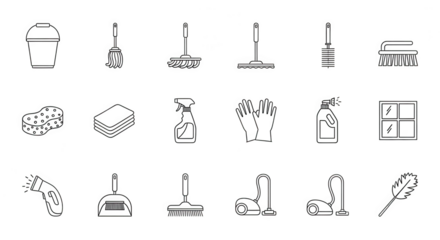 Outline Cleaning Tools And Supplies Icons Set On Black