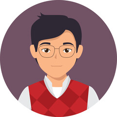 Illustration Of A Young Man Wearing Glasses And A Red Argyle Vest Over A White Shirt With A Purple Background