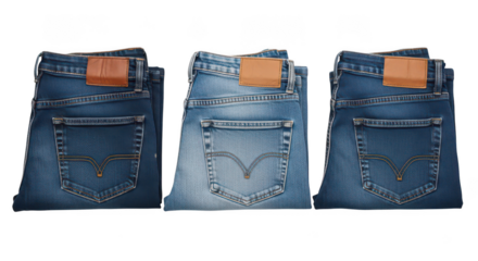 Three Folded Blue Denim Jeans With Leather Patches On Black