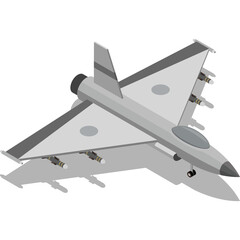 Isometric illustration of a silver gray fighter jet airplane equipped with missiles casting a dark shadow on a transparent background in a neutral studio lighting setting