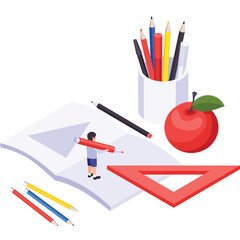 Isometric Illustration of a Student Drawing with Pencils Apple and Geometric Ruler on Transparent Background with Soft Lighting