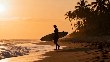 Surfer walking on beach at sunset