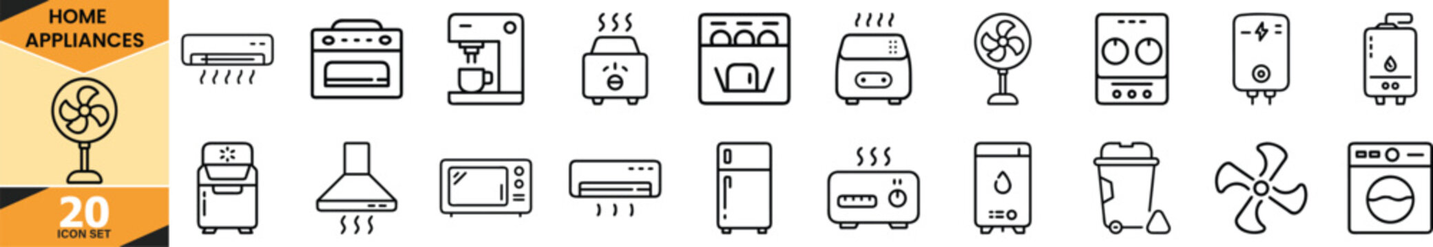 Line icons for home appliances covering kitchen, laundry, heating, cooling, and general household equipment set. Vector