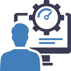 Silhouette of a person facing a computer screen displaying a performance meter and gear icon against a clean white background symbolizing productivity and efficiency