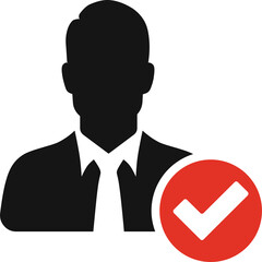 Silhouette of a person in a suit and tie with a red checkmark icon on a transparent background representing confirmation approval or selection of a male candidate for a job or task