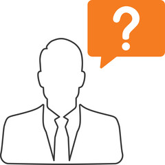 Silhouette of a person in a suit with a tie wearing a white shirt with an orange question mark speech bubble above their head representing confusion or a query