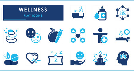 A set of flat icons related to Wellness. Meditation, natural healing, medicine, heartbeat, fruits, good sleep, and so on.