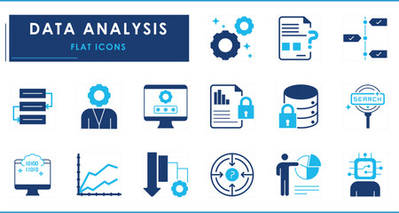 A set of flat icons related to Data analysis. Organize, flow chart, graph, present, digital data, security, research, timeline, encryption, and so on.