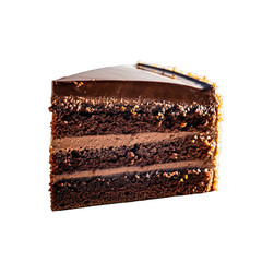 Slice of Rich Chocolate Cake with Cream Filling and Dark Chocolate Glaze Isolated on Black Background Studio Shot