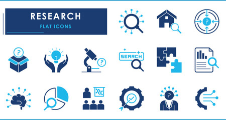 A set of flat icons related to Research. Search, digital, gear, mindful, intelligent, pie chart, conference, brain, online, microscope, puzzle, and so on.