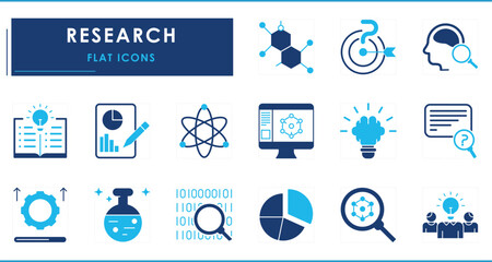 A set of flat icons related to Research. Data, science, search, investigate, idea, growth, setup, mind, intelligence, graph, and so on.