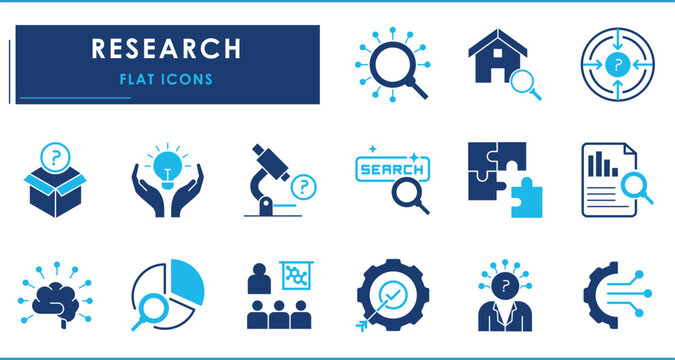 A set of flat icons related to Research. Search, digital, gear, mindful, intelligent, pie chart, conference, brain, online, microscope, puzzle, and so on.