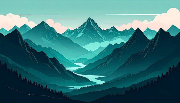 Serene Mountain Landscape with River Valley and Misty Peaks.