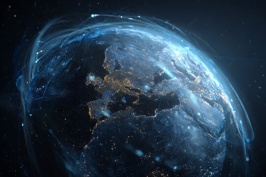 double exposure Earth overlay with glowing shield rings and global secure network data, world cybersecurity ecosystem