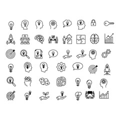 Idea icon set. Creative idea, brainstorming, solution, thinking and innovation icons