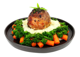 Lamb bomb meat ball meal with, mashed potato, carrots and broccoli isolated on a white background