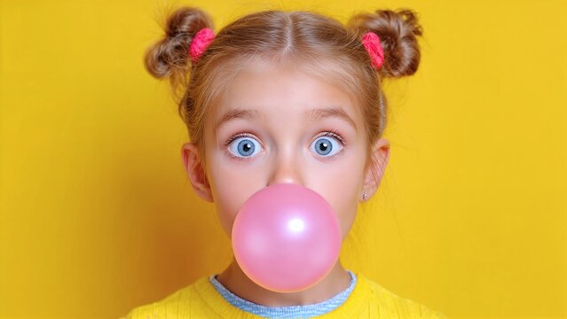 Young girl with blonde hair blowing a pink bubblegum bubble on National Bubble Gum Day, set against a vibrant yellow background.