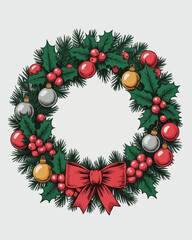 Christmas Wreath with Ornaments and Red Bow for Holiday Decoration © Melange