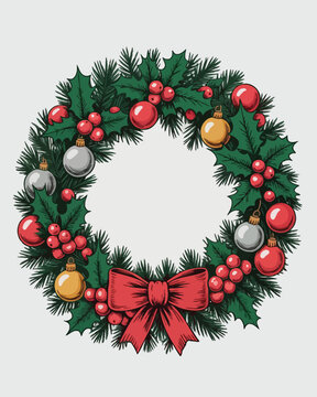 Christmas Wreath with Ornaments and Red Bow for Holiday Decoration