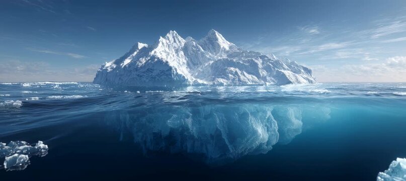 Iceberg mountain and dark cold underwater sea. Dark side of world conspiracy. Generative AI technology.