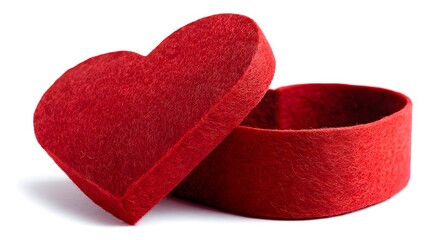 Open red glitter heart shaped gift box on white background